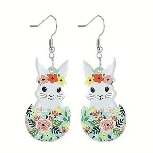 Easter Egg Flowered Design‎ with Bunny Rabbit Dangle Earrings